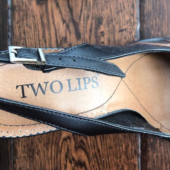 Vintage Black Sling Back Heels Round Toe Women 8 M Tan Trim y2k NOS Two Lips - Picture 6 of 10